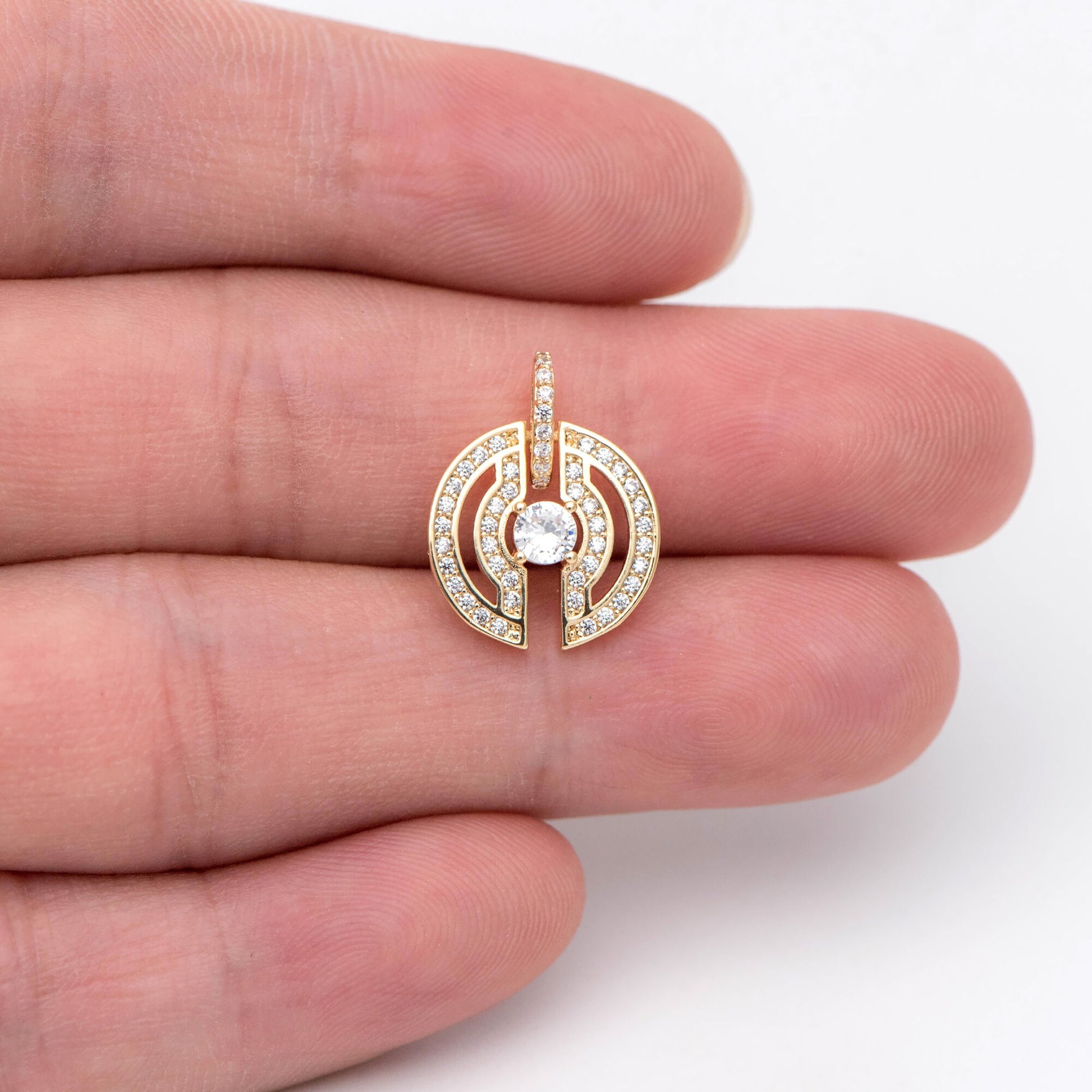 4pcs CZ Pave Gold Round Charms 18x13mm, 18K Gold plated Brass, Round Disk Pendants (GB-3464-C)