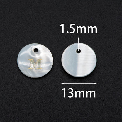 Shell Alphabet Charms, English Letter Beads, Round Coin Disc Letter Pendant, Personalized Initial Charms, You Choose Letter (V1371)