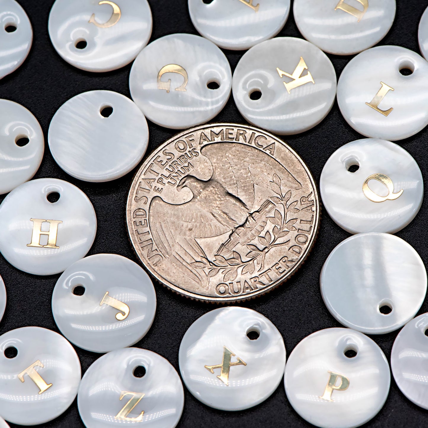 Shell Alphabet Charms, English Letter Beads, Round Coin Disc Letter Pendant, Personalized Initial Charms, You Choose Letter (V1371)