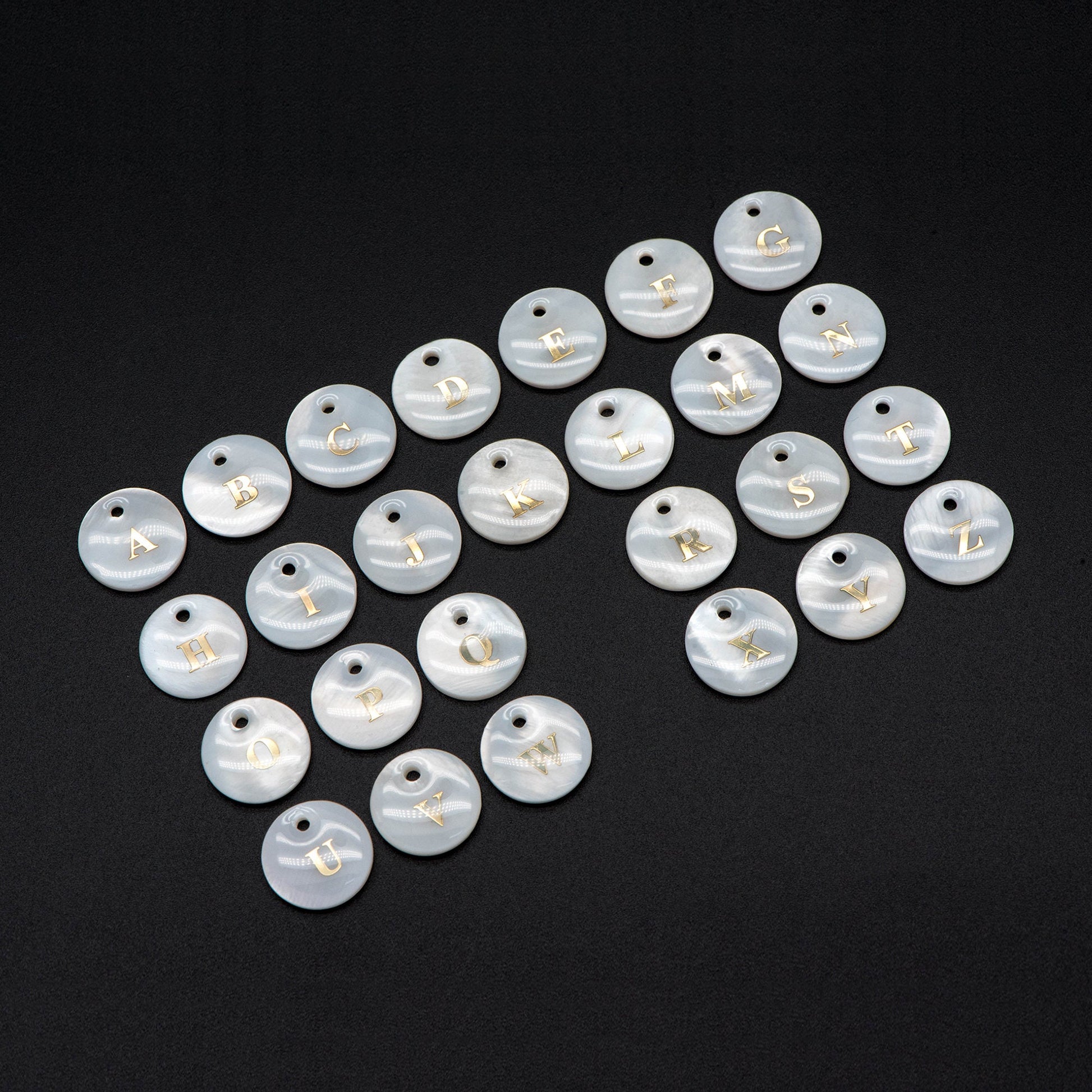 Shell Alphabet Charms, English Letter Beads, Round Coin Disc Letter Pendant, Personalized Initial Charms, You Choose Letter (V1371)