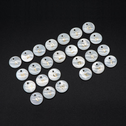 Shell Alphabet Charms, English Letter Beads, Round Coin Disc Letter Pendant, Personalized Initial Charms, You Choose Letter (V1371)