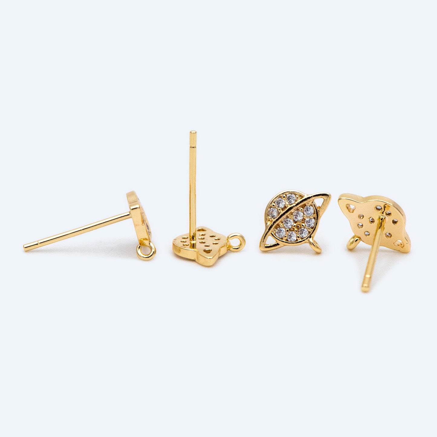 10pcs CZ Pave Saturn Ear Posts 9x7.5mm, Real Gold Plated Brass Stud Earrings (#GB-1703)