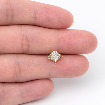 10pcs CZ Pave Saturn Ear Posts 9x7.5mm, Real Gold Plated Brass Stud Earrings (#GB-1703)