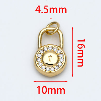 4pcs CZ Pave Gold Lock Charm, Padlock charm 16x10mm, Real Gold plated Brass (GB-751-E)
