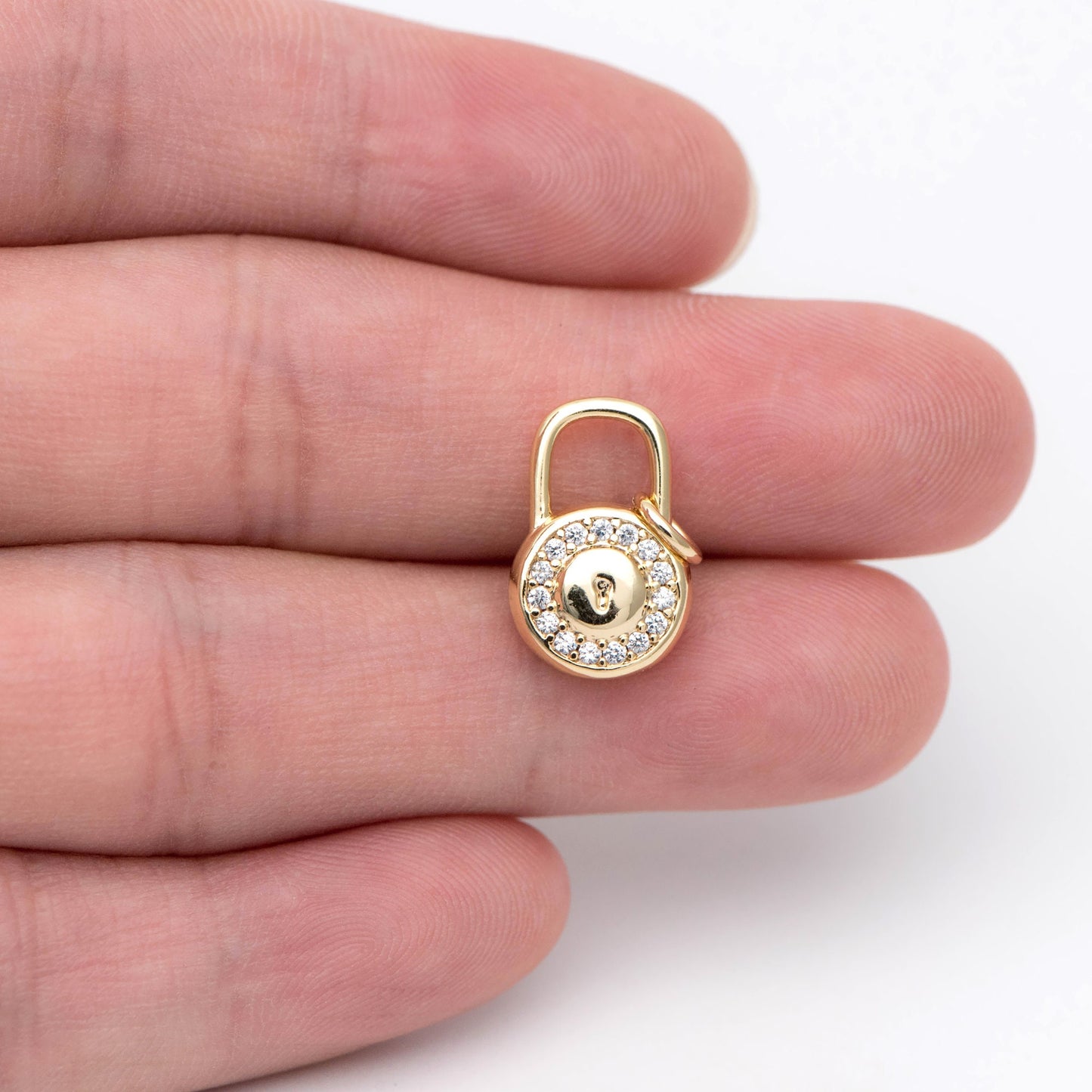 4pcs CZ Pave Gold Lock Charm, Padlock charm 16x10mm, Real Gold plated Brass (GB-751-E)