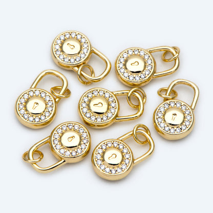 4pcs CZ Pave Gold Lock Charm, Padlock charm 16x10mm, Real Gold plated Brass (GB-751-E)