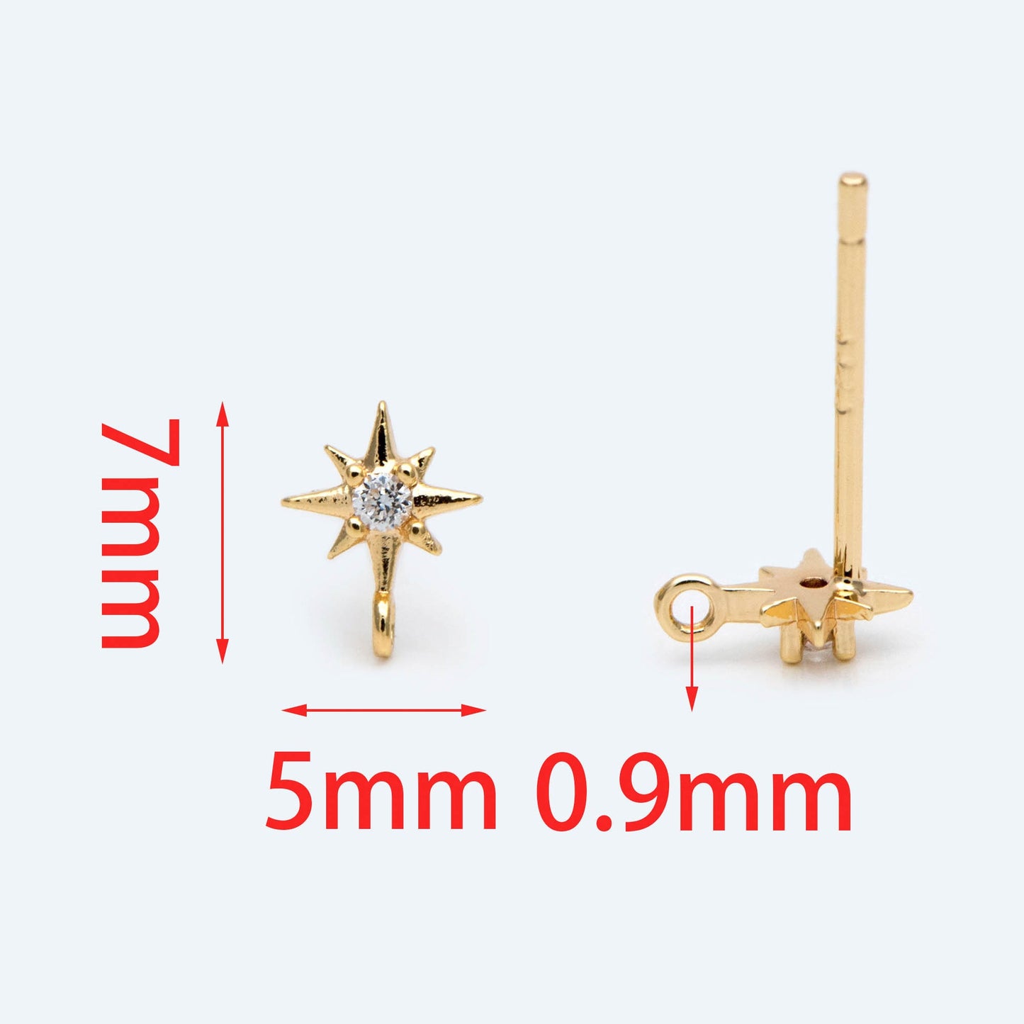 10pcs CZ Pave Tiny North Star Ear Post with Loops, 7x5mm, Real Gold Plated Brass Star Stud Earrings (#GB-1792)
