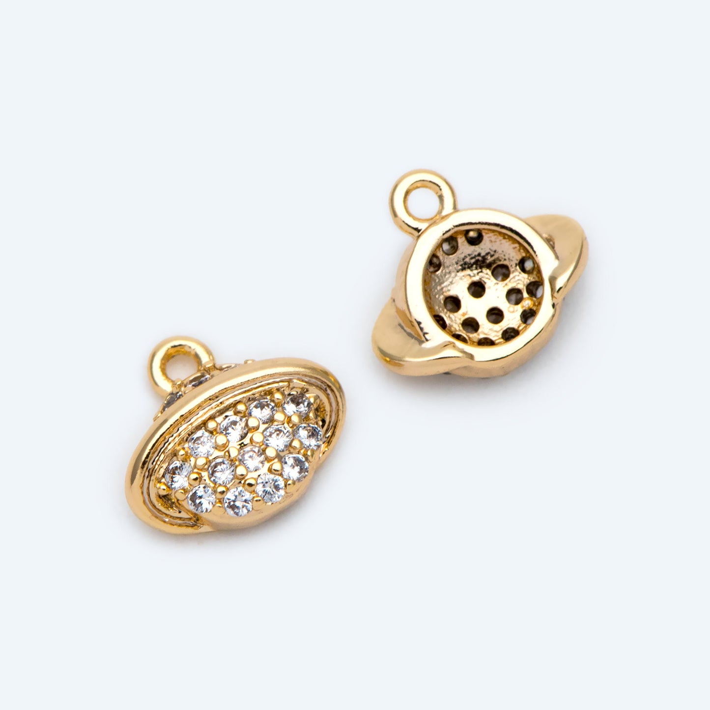 4pcs CZ Pave Gold Planet Charm, Tiny Saturn Charm 8x9mm, 18K Gold plated Brass, Saturn Pendants (GB-1173-A)