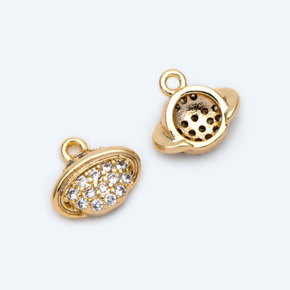 4pcs CZ Pave Gold Planet Charm, Tiny Saturn Charm 8x9mm, 18K Gold plated Brass, Saturn Pendants (GB-1173-A)