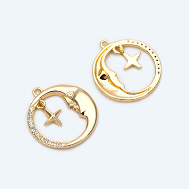 4pcs CZ Pave Gold Round Moon Star Charms 18.5x17mm, Jewelry Making, Diy Material, Jewelry Supplies (GB-2433-G)