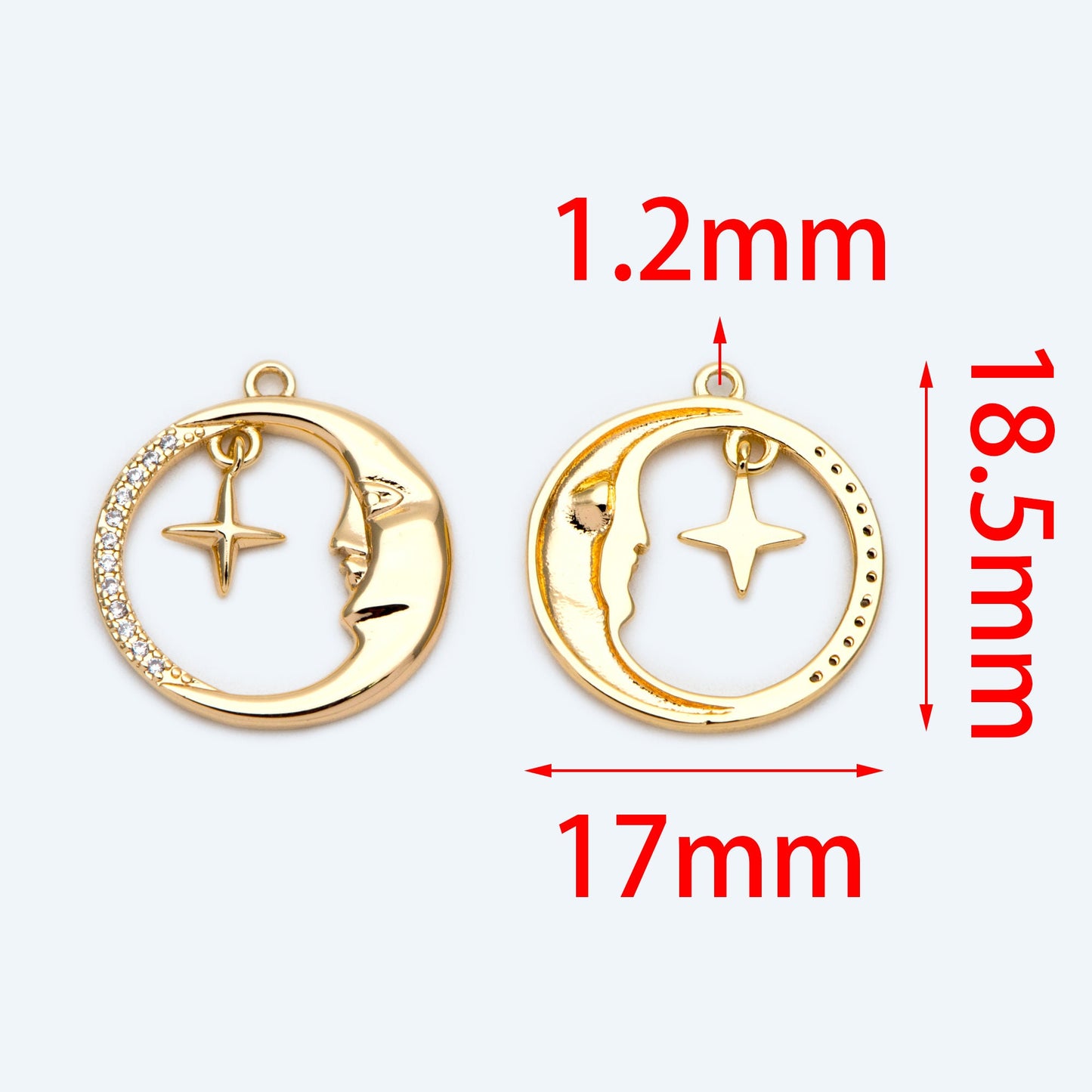 4pcs CZ Pave Gold Round Moon Star Charms 18.5x17mm, Jewelry Making, Diy Material, Jewelry Supplies (GB-2433-G)