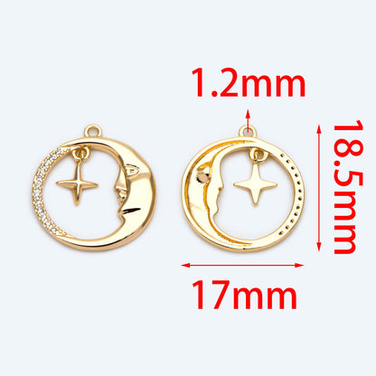 4pcs CZ Pave Gold Round Moon Star Charms 18.5x17mm, Jewelry Making, Diy Material, Jewelry Supplies (GB-2433-G)