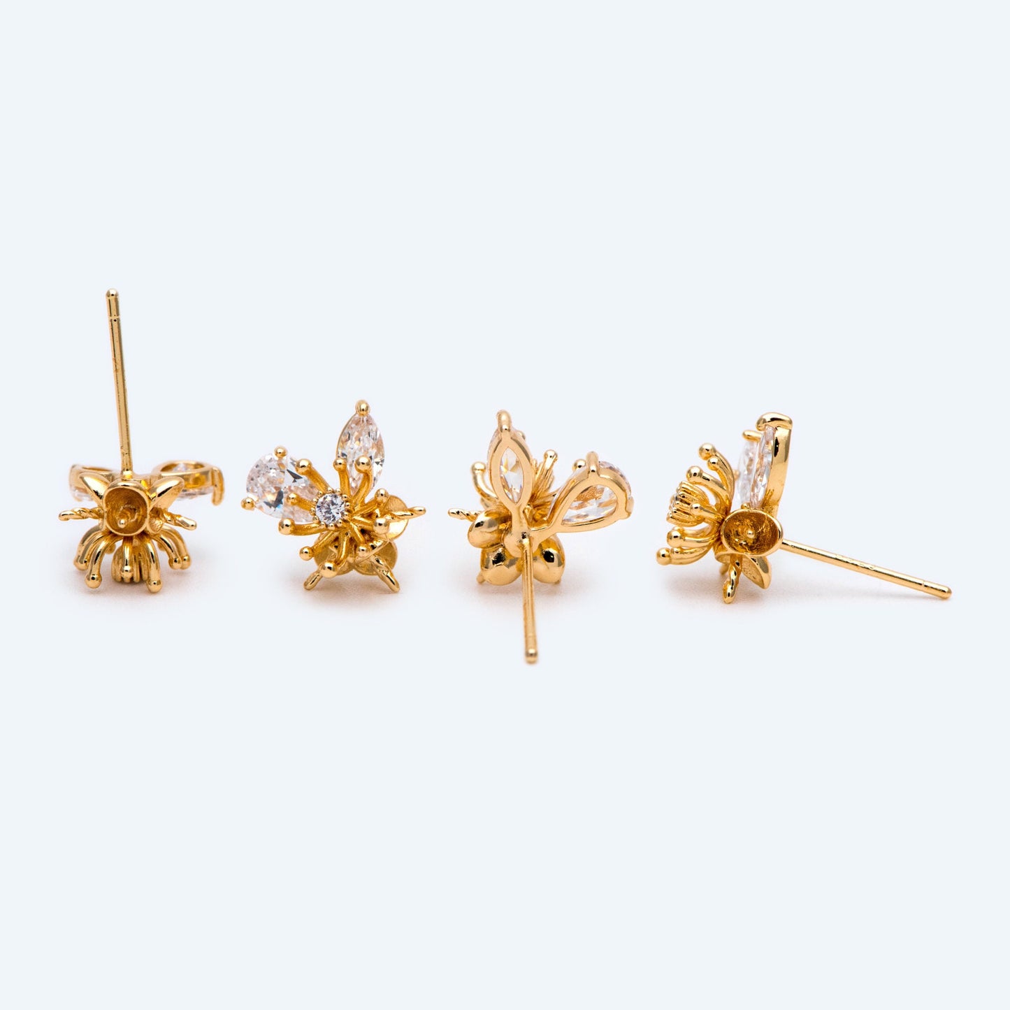 4pcs Gold Flower Ear Posts 12x10mm, Pearl Peg Earring Mounts, Foral Stud Earrings with Peg (GB-1728)