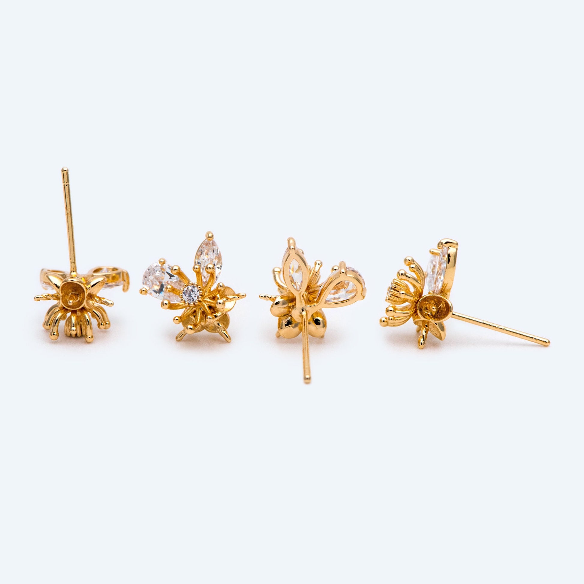 4pcs Gold Flower Ear Posts 12x10mm, Pearl Peg Earring Mounts, Foral Stud Earrings with Peg (GB-1728)