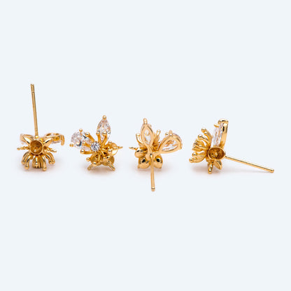 4pcs Gold Flower Ear Posts 12x10mm, Pearl Peg Earring Mounts, Foral Stud Earrings with Peg (GB-1728)