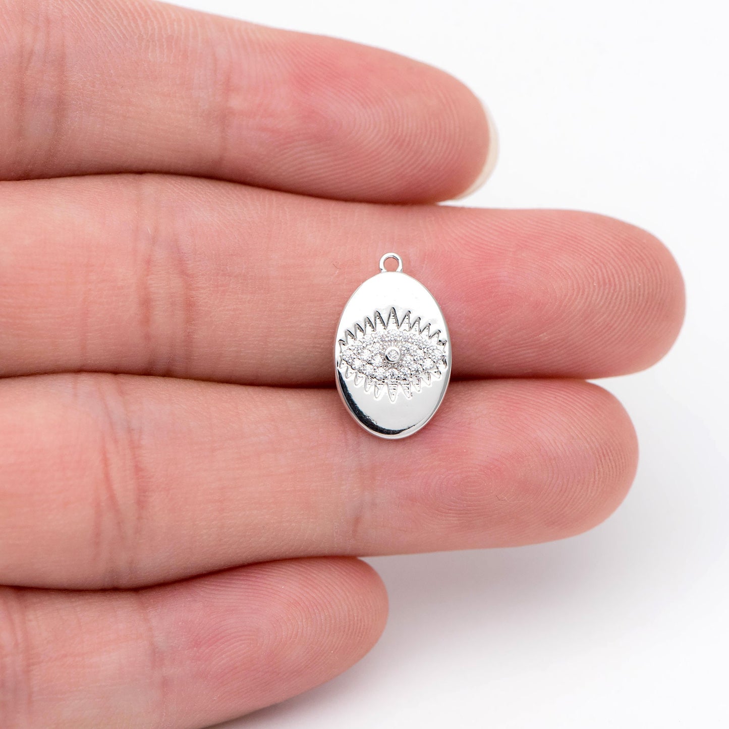 4pcs CZ Pave Silver tone Oval Evil Eye Charm 15.5x10mm, Rhodium plated brass, Evil Eye Pendants (GB-4085-I)