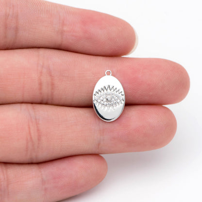 4pcs CZ Pave Silver tone Oval Evil Eye Charm 15.5x10mm, Rhodium plated brass, Evil Eye Pendants (GB-4085-I)