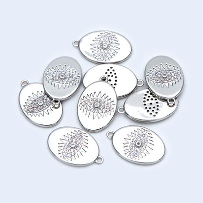 4pcs CZ Pave Silver tone Oval Evil Eye Charm 15.5x10mm, Rhodium plated brass, Evil Eye Pendants (GB-4085-I)
