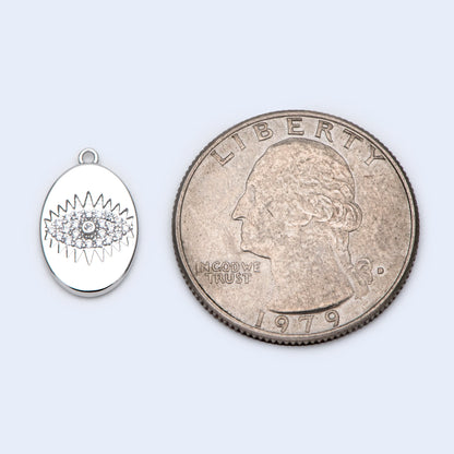 4pcs CZ Pave Silver tone Oval Evil Eye Charm 15.5x10mm, Rhodium plated brass, Evil Eye Pendants (GB-4085-I)