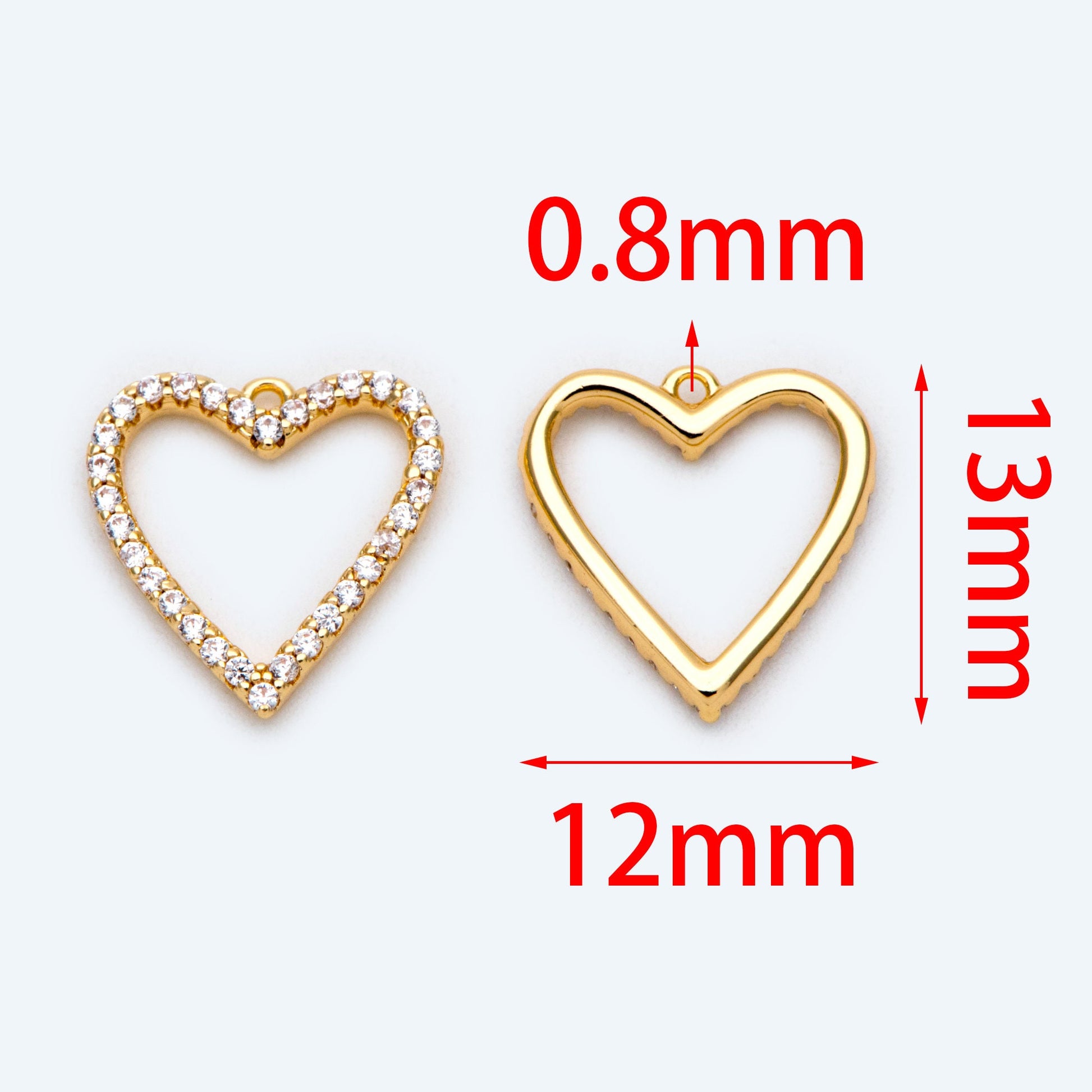 4pcs CZ pave Gold Heart Pendants 13x12mm, 18K Gold plated Brass, Rhinestone Heart Charms (GB-2782-J)