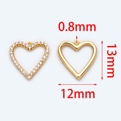 4pcs CZ pave Gold Heart Pendants 13x12mm, 18K Gold plated Brass, Rhinestone Heart Charms (GB-2782-J)