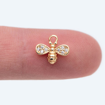 10pcs CZ Pave Bee Charm 10x8mm, 18K Gold Plated Brass, Bee Pendants (GB-3093-D)