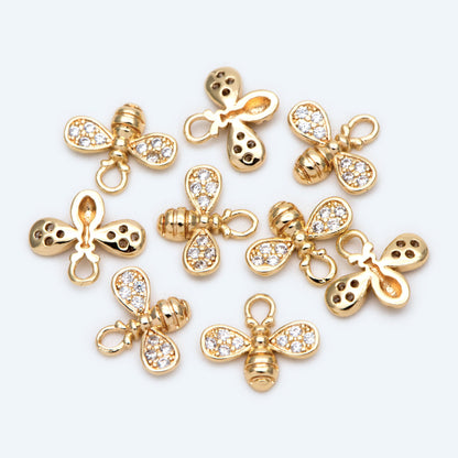 10pcs CZ Pave Bee Charm 10x8mm, 18K Gold Plated Brass, Bee Pendants (GB-3093-D)