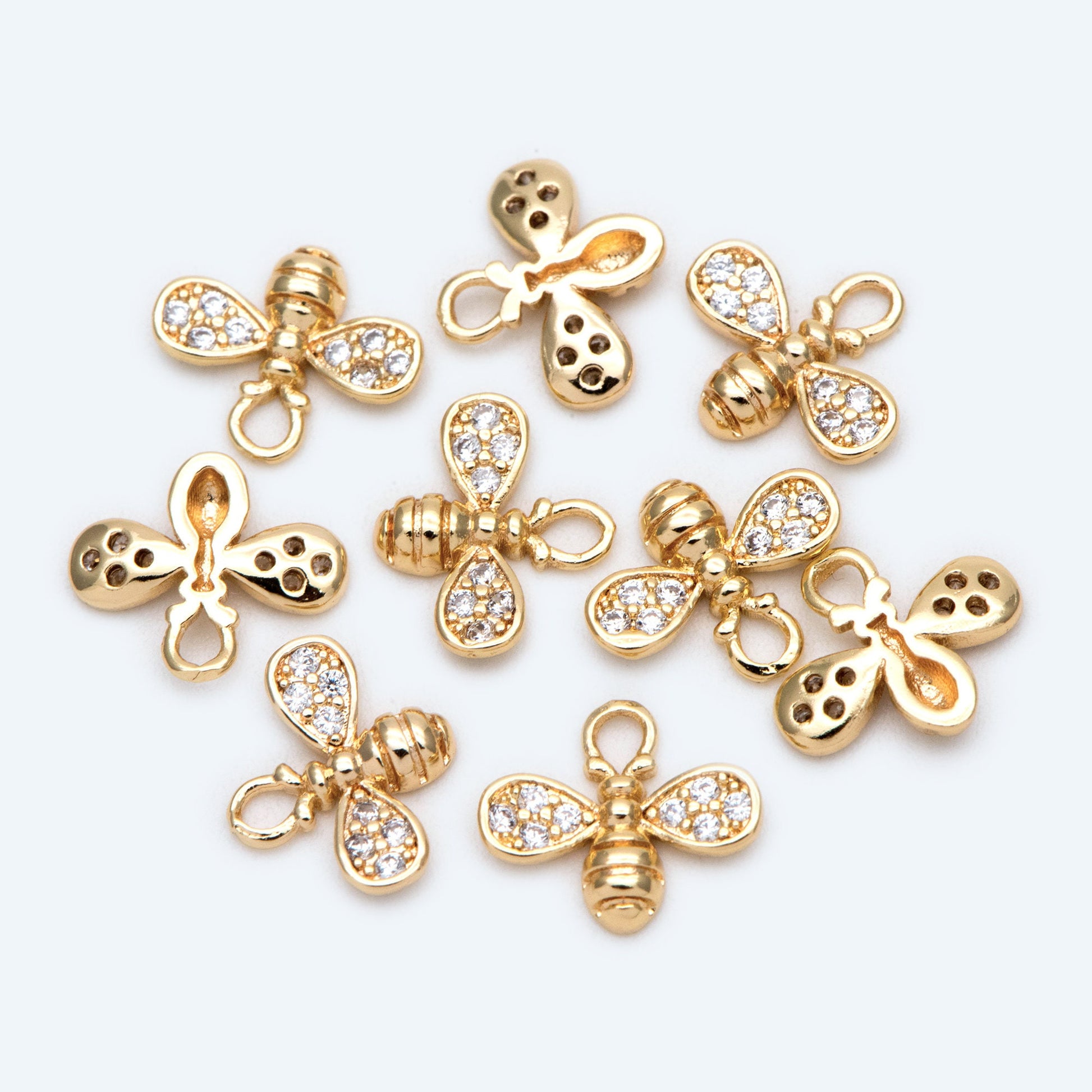 10pcs CZ Pave Bee Charm 10x8mm, 18K Gold Plated Brass, Bee Pendants (GB-3093-D)
