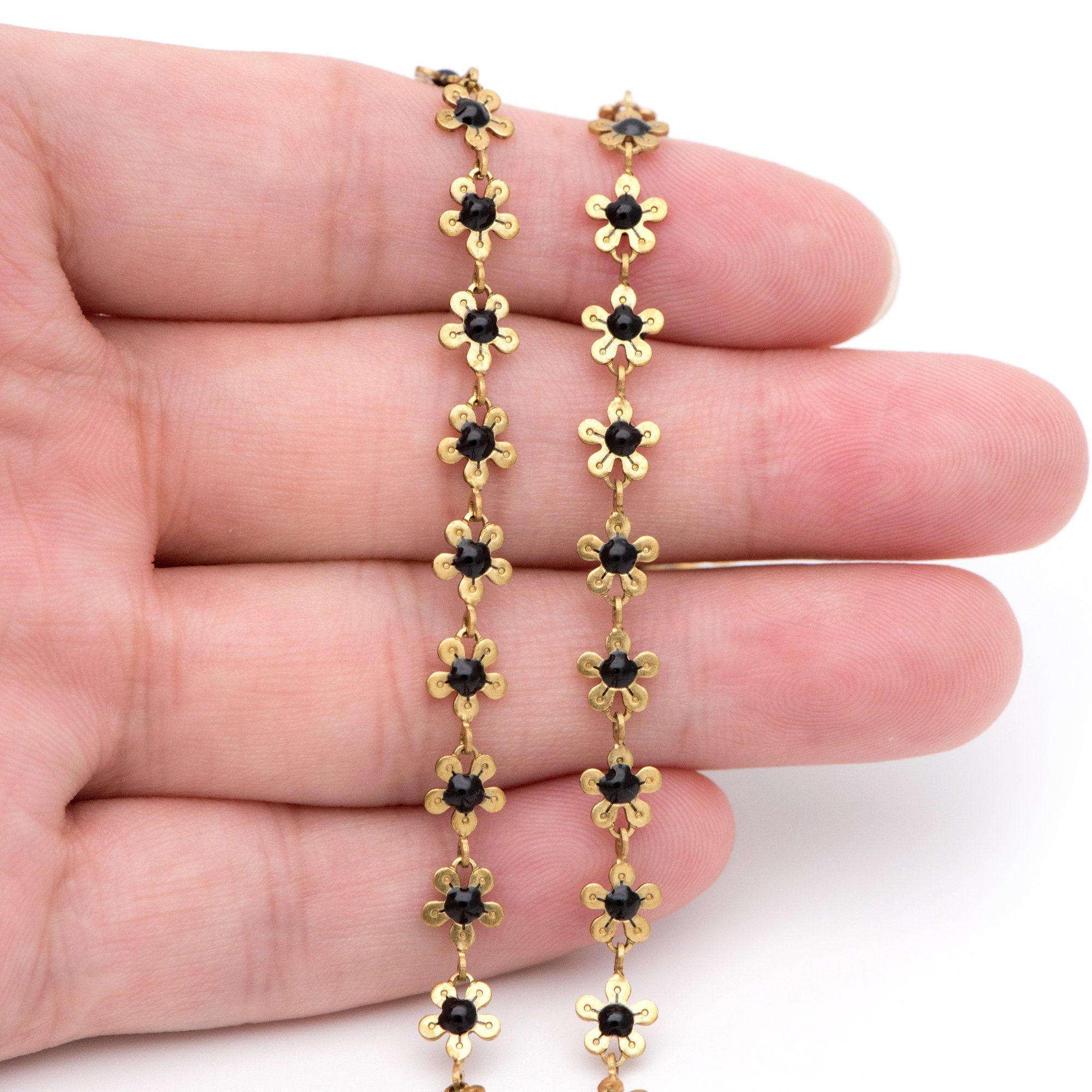 Enamel Flower Chain, Unplated Raw Brass Designer Chain 6mm, Floral Link Chain Findings, Black (#LK-392-2)/ 1 Meter=3.3ft