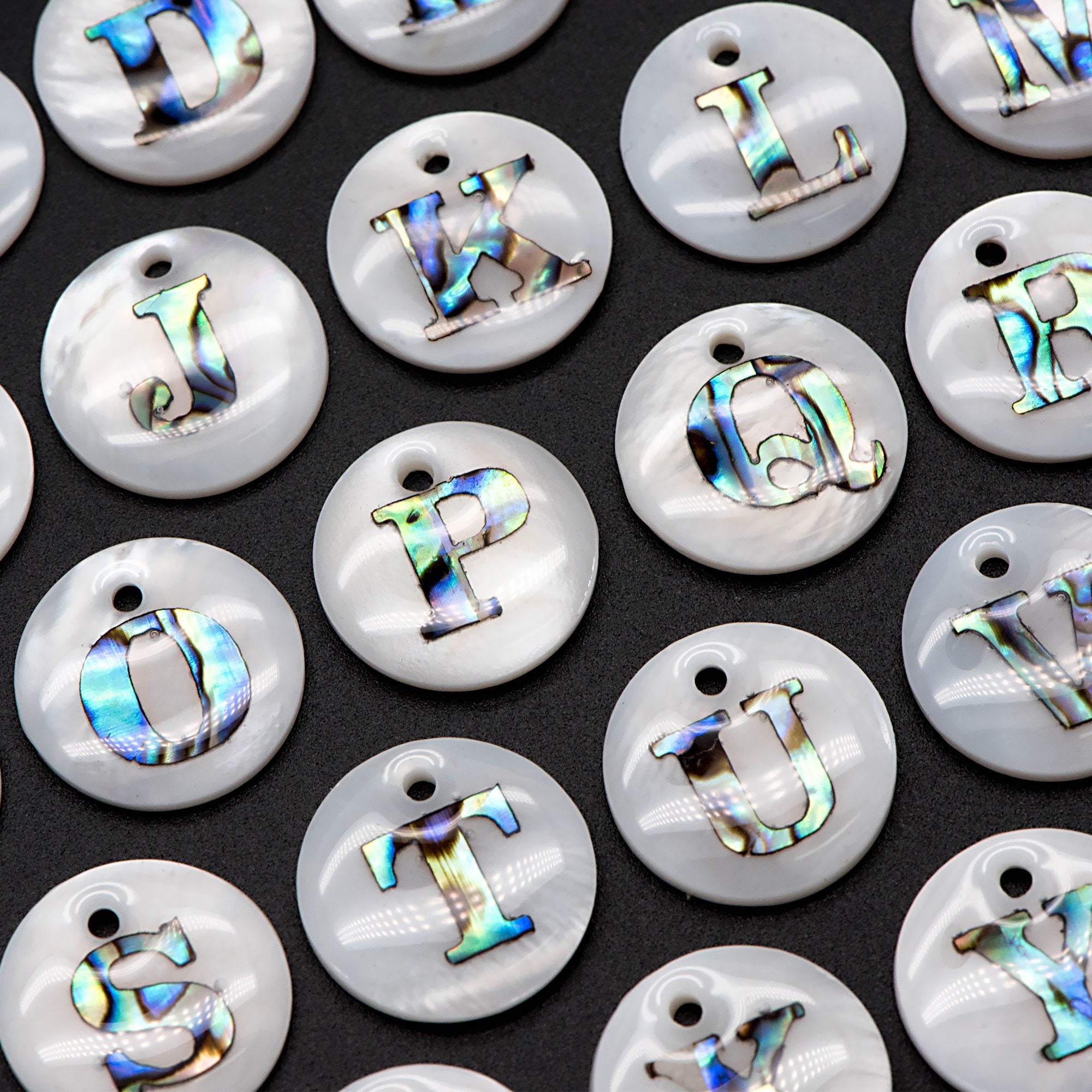 Abalone Shell Alphabet Charms, English Letter Beads, Round Disc Coin Pendant, Personalized Initial Charms, You Choose Letter (V1372)