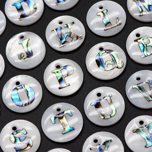Abalone Shell Alphabet Charms, English Letter Beads, Round Disc Coin Pendant, Personalized Initial Charms, You Choose Letter (V1372)