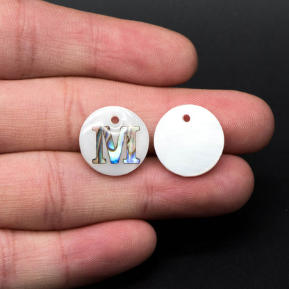 Abalone Shell Alphabet Charms, English Letter Beads, Round Disc Coin Pendant, Personalized Initial Charms, You Choose Letter (V1372)