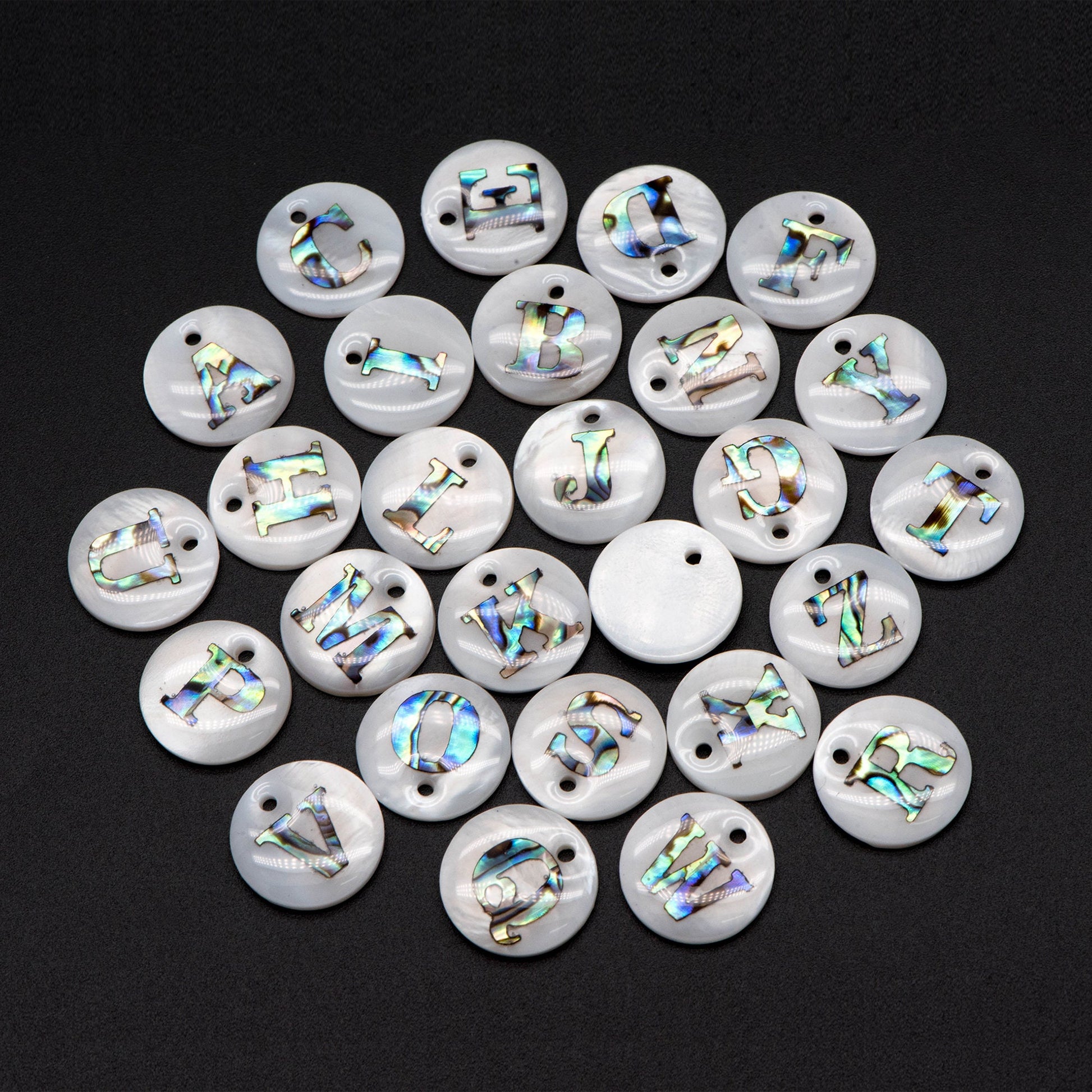 Abalone Shell Alphabet Charms, English Letter Beads, Round Disc Coin Pendant, Personalized Initial Charms, You Choose Letter (V1372)