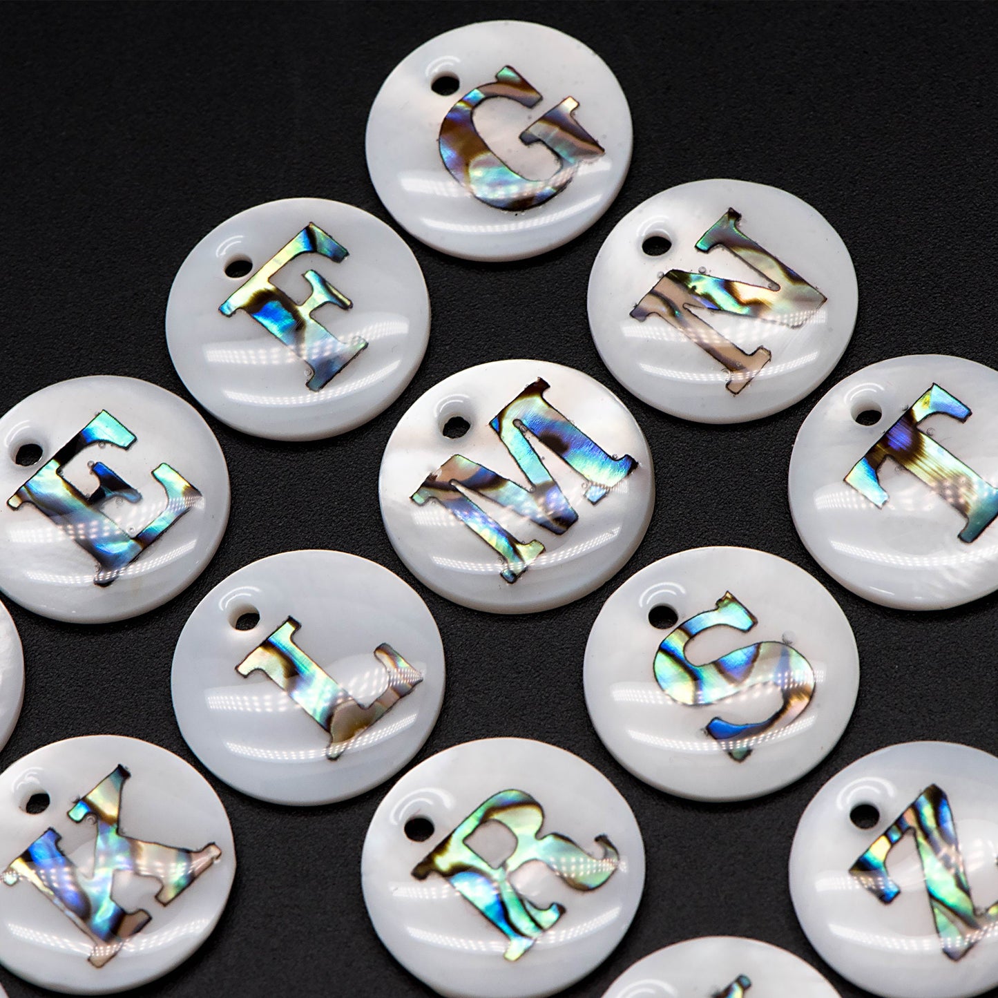 Abalone Shell Alphabet Charms, English Letter Beads, Round Disc Coin Pendant, Personalized Initial Charms, You Choose Letter (V1372)