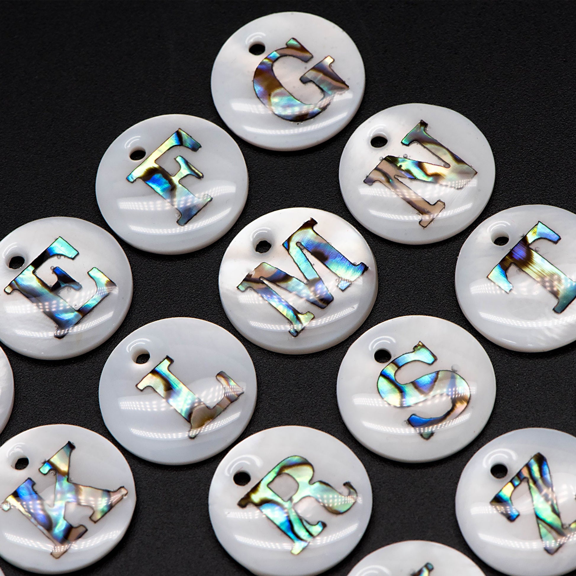 Abalone Shell Alphabet Charms, English Letter Beads, Round Disc Coin Pendant, Personalized Initial Charms, You Choose Letter (V1372)
