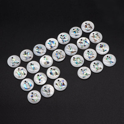 Abalone Shell Alphabet Charms, English Letter Beads, Round Disc Coin Pendant, Personalized Initial Charms, You Choose Letter (V1372)