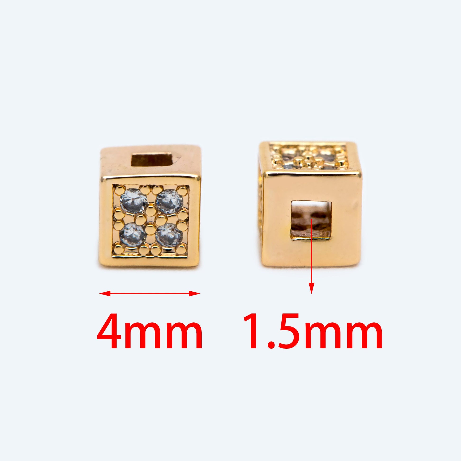 10pcs CZ Pave Gold Cube Spacers 4mm, 18K Gold plated Brass Square Beads (GB-1736)