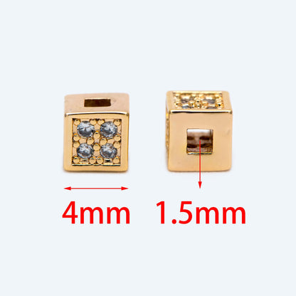 10pcs CZ Pave Gold Cube Spacers 4mm, 18K Gold plated Brass Square Beads (GB-1736)