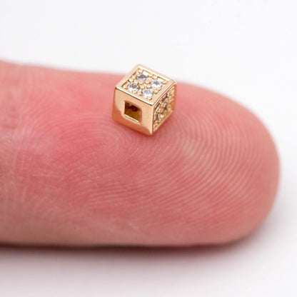 10pcs CZ Pave Gold Cube Spacers 4mm, 18K Gold plated Brass Square Beads (GB-1736)