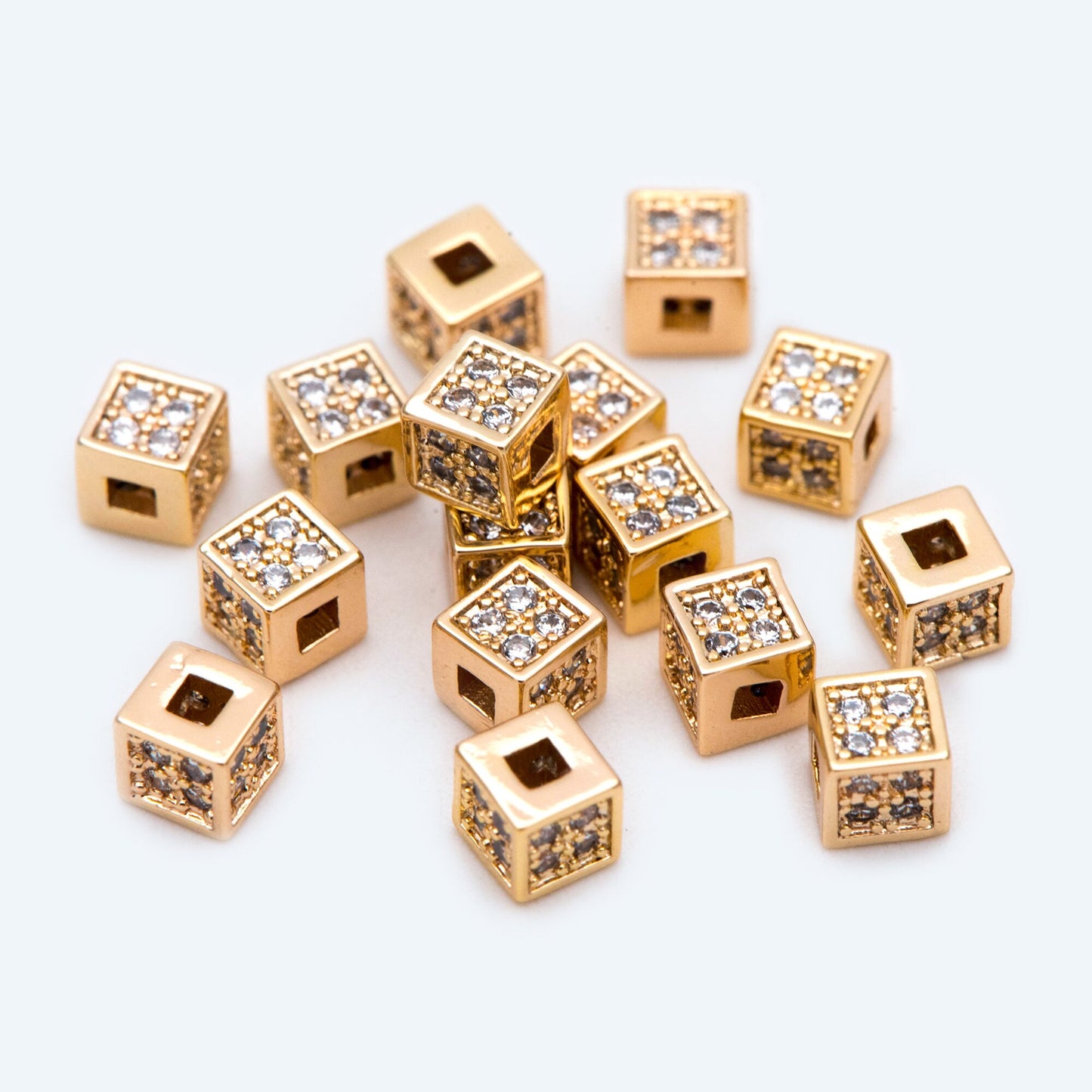 10pcs CZ Pave Gold Cube Spacers 4mm, 18K Gold plated Brass Square Beads (GB-1736)