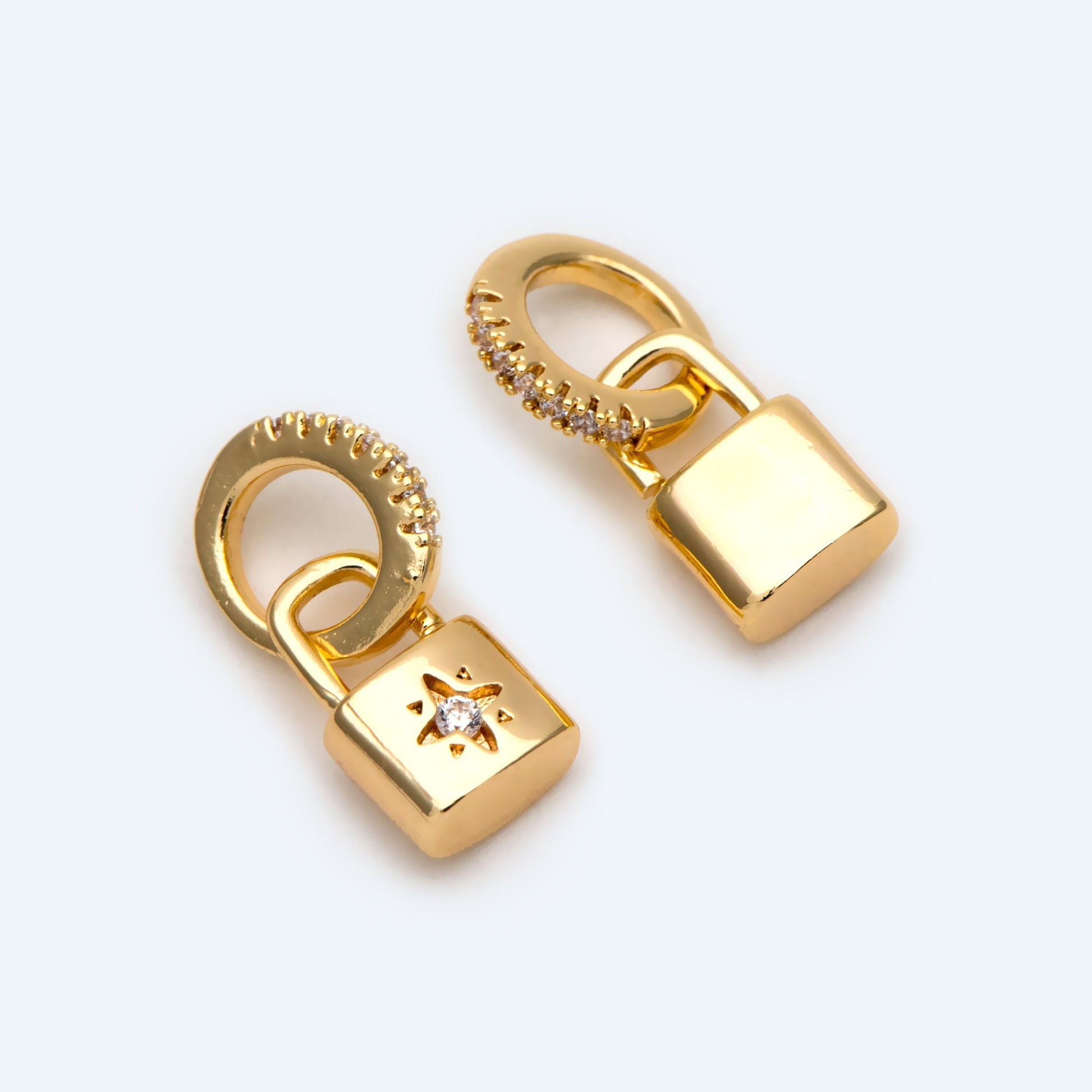 4pcs CZ Pave Gold/ Silver Tone Lock Charm, Padlock charm 17x9mm, Real Gold/ Rhodium plated Brass (GB-751-D)