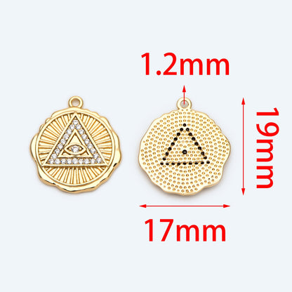 4pcs CZ Pave Gold/ Silver Tone Triangle Evil eye Charm 17mm, Real Gold plated Brass, Round Coin Disk Pendants (GB-4085-G)