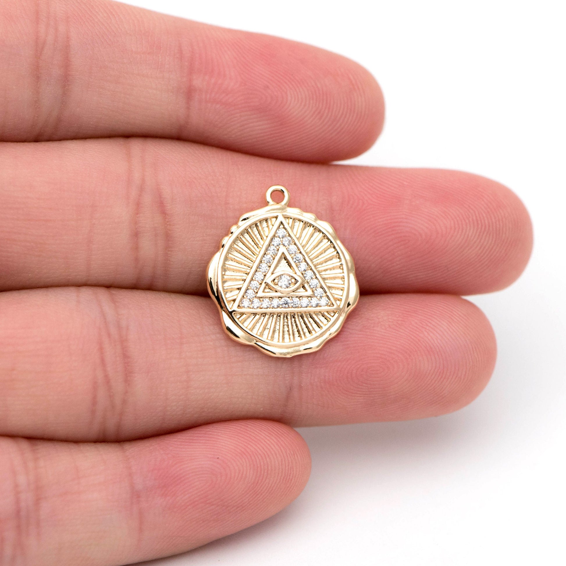 4pcs CZ Pave Gold/ Silver Tone Triangle Evil eye Charm 17mm, Real Gold plated Brass, Round Coin Disk Pendants (GB-4085-G)