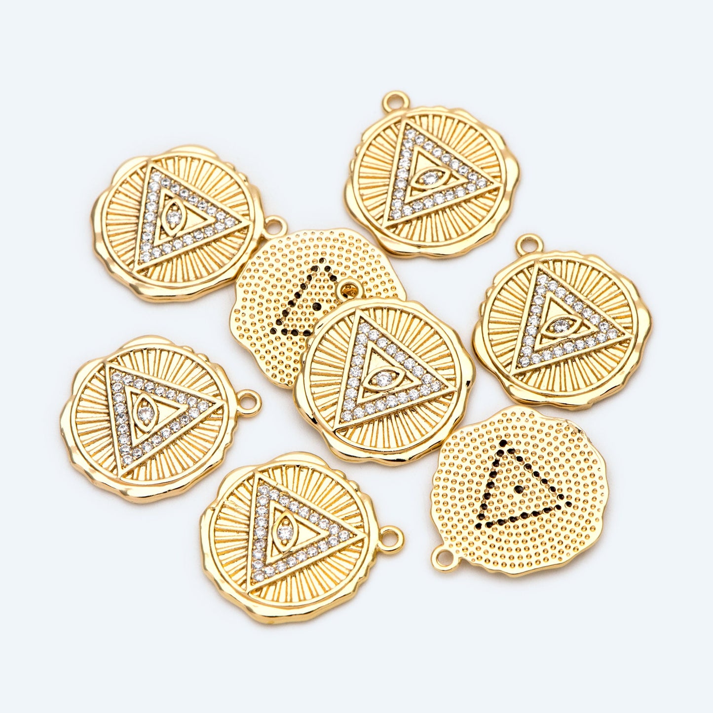 4pcs CZ Pave Gold/ Silver Tone Triangle Evil eye Charm 17mm, Real Gold plated Brass, Round Coin Disk Pendants (GB-4085-G)