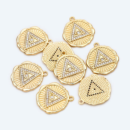 4pcs CZ Pave Gold/ Silver Tone Triangle Evil eye Charm 17mm, Real Gold plated Brass, Round Coin Disk Pendants (GB-4085-G)