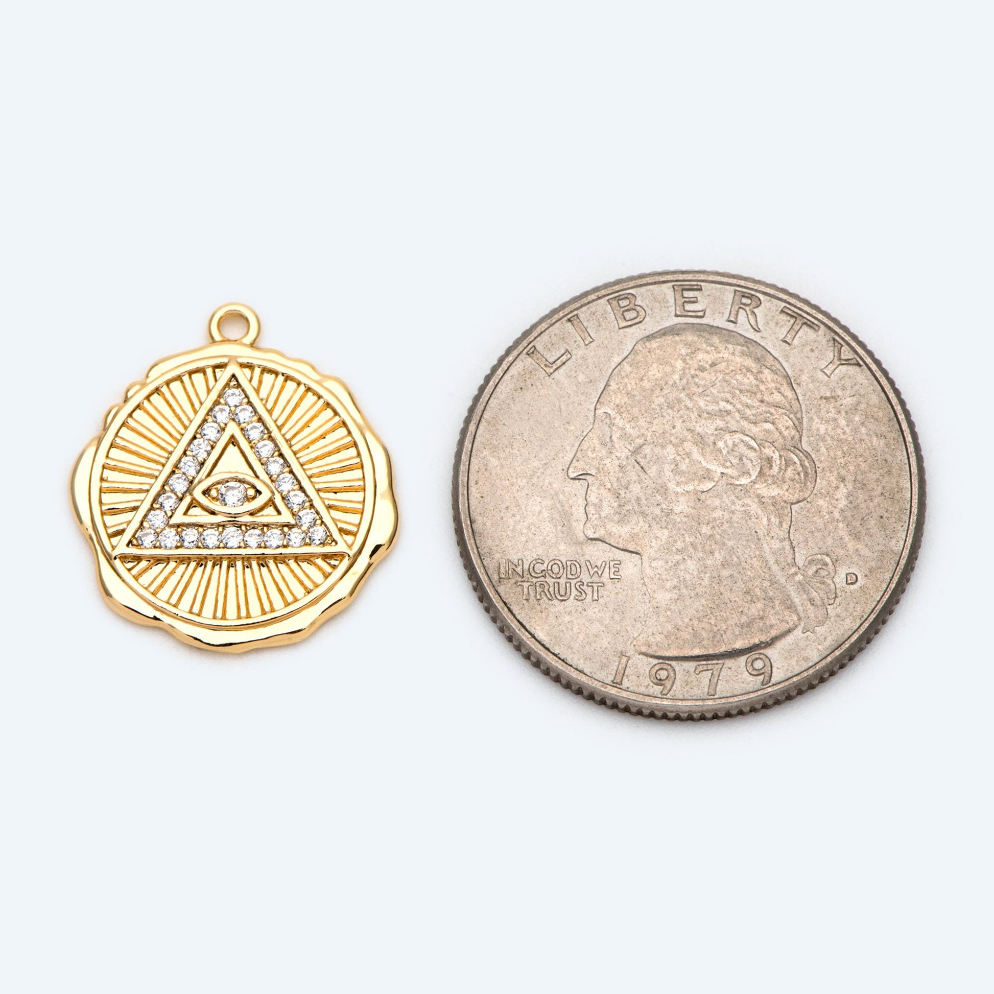 4pcs CZ Pave Gold/ Silver Tone Triangle Evil eye Charm 17mm, Real Gold plated Brass, Round Coin Disk Pendants (GB-4085-G)