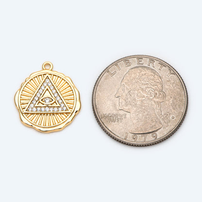 4pcs CZ Pave Gold/ Silver Tone Triangle Evil eye Charm 17mm, Real Gold plated Brass, Round Coin Disk Pendants (GB-4085-G)