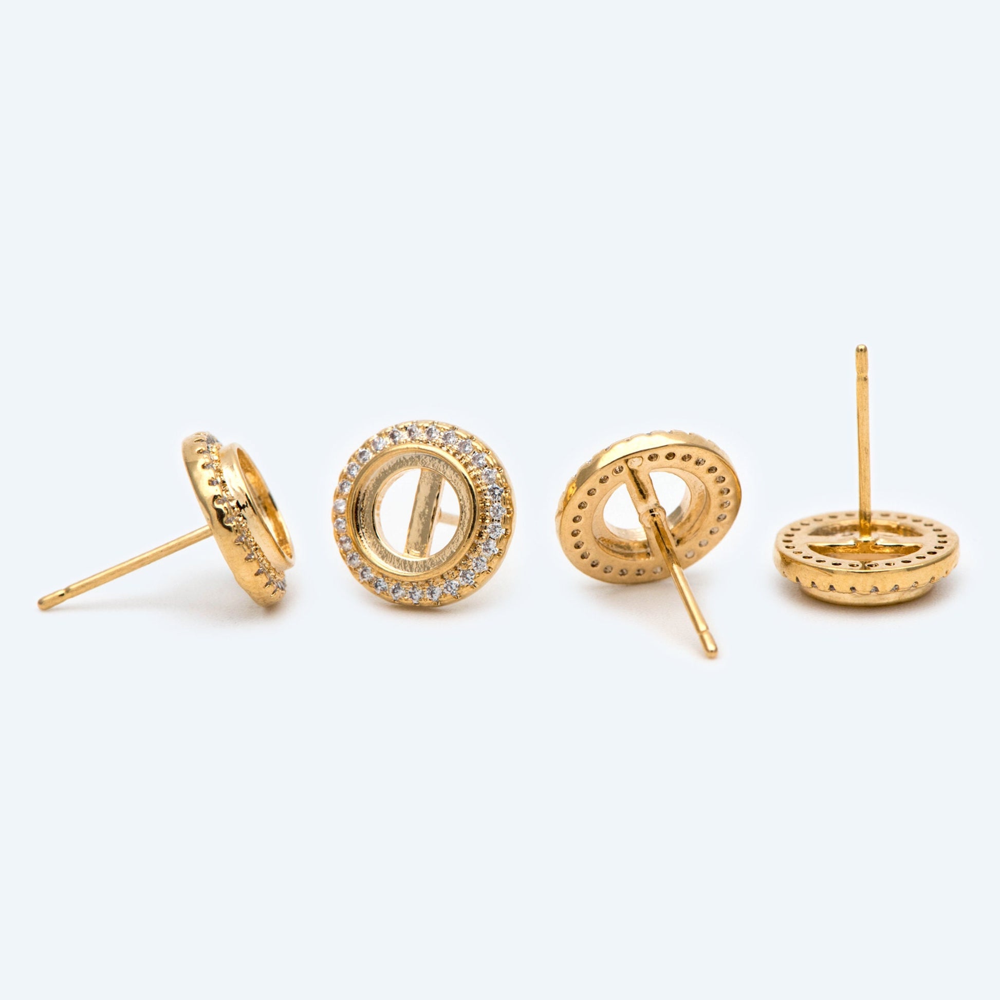 10pcs CZ Pave Round Stud Earrings 11mm, 18K Gold Plated Brass (#GB-1757)