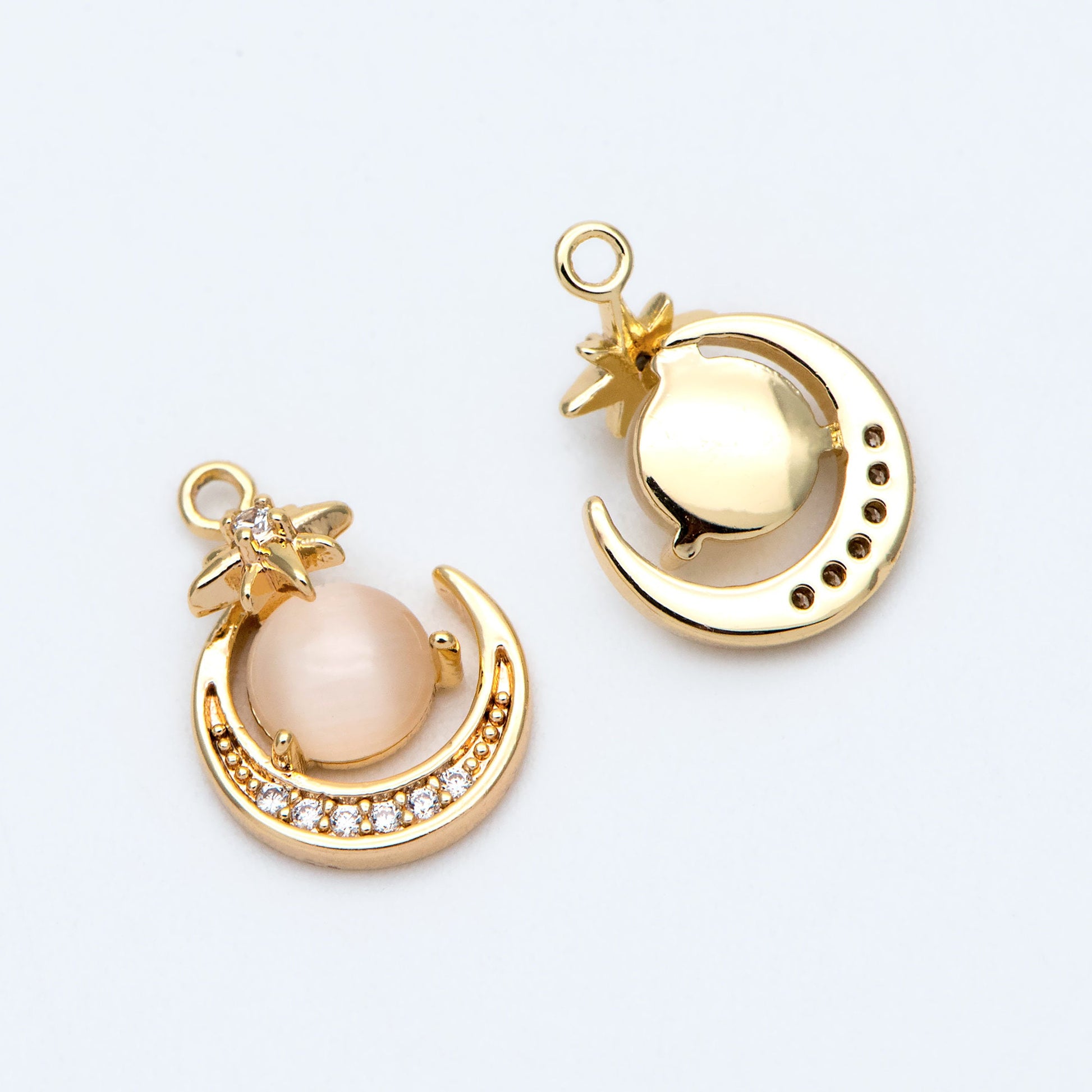 4pcs CZ Pave Gold Round Moon Star Charms, Jewelry Making, Diy Material, Jewelry Supplies (GB-2433-B)