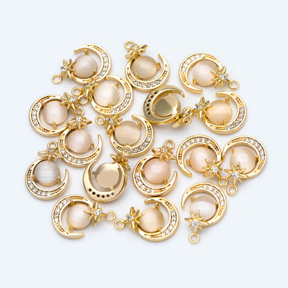 4pcs CZ Pave Gold Round Moon Star Charms, Jewelry Making, Diy Material, Jewelry Supplies (GB-2433-B)